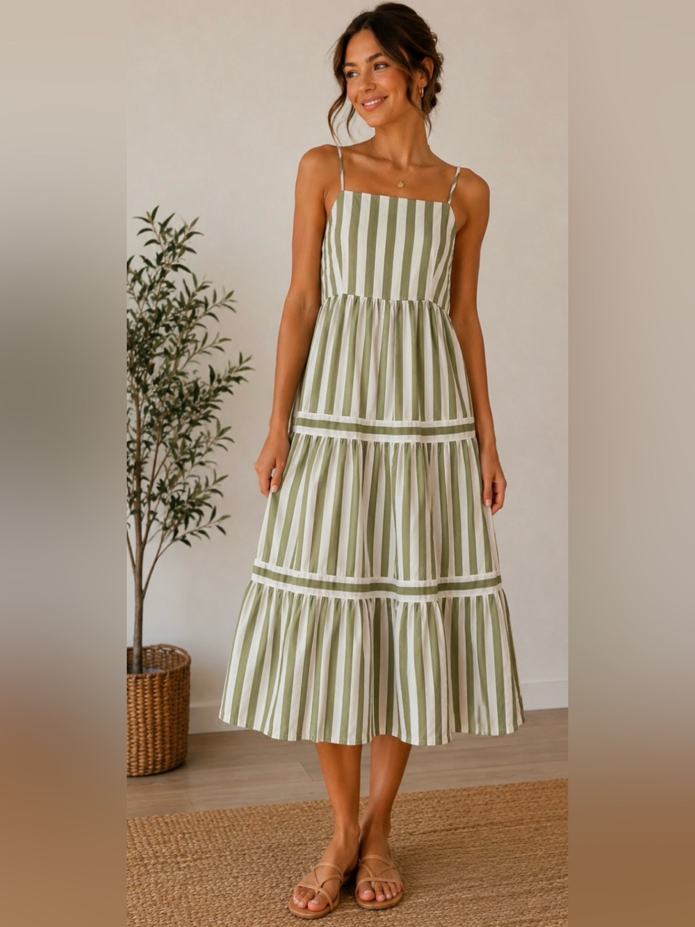 Olive Green and White Striped Maxi Sundress